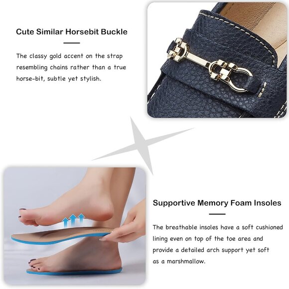 Kordal Women's Navy Leather Gold Accent Buckle Slip-Ons Walking Flats Loafers - Picture 4 of 9